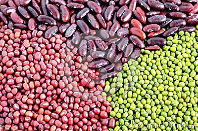 Mung beans, adzuki beans and red kidney beans Stock Photo