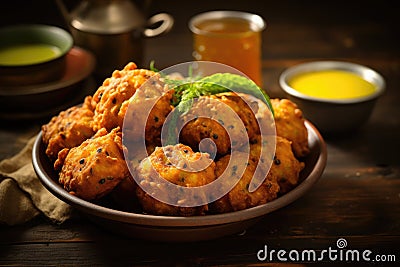 Mungdal bhajiya or yellow split gram fritters served. Chicken Pakora with sauce Stock Photo