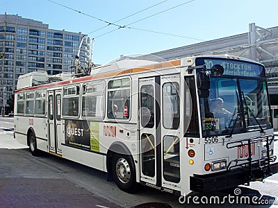 Muni Trolley Bus 30 - Stockton with ad on side Editorial Stock Photo