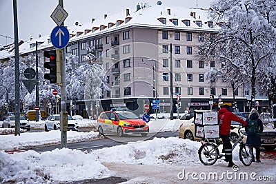 Medical service operation on snow-covered roads. Emergency vehicle Editorial Stock Photo