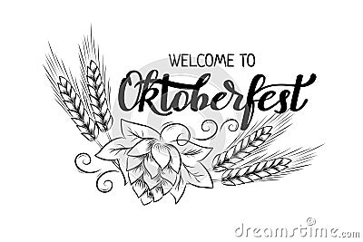 Munich Beer Festival Oktoberfest handwritten text with line art illustration of wheat heads and hop cones Cartoon Illustration