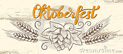 Munich Beer Festival Oktoberfest handwritten text with line art illustration of wheat heads and hop cones on wooden texture backgr Cartoon Illustration
