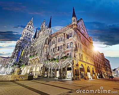 Munich. Cityscape image of Marien Square in Munich, Germany during twilight blue hour Stock Photo