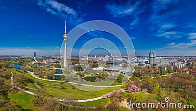 MUNICH, GERMANY - April 3th, 2019: The Olympiapark in panoramic full view - Munich, Germany, tourism hotspot of the Editorial Stock Photo