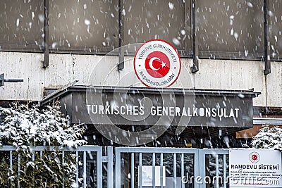 Munich , Germany - February 17 2018 : The consulate general of Turkey in the snow storm Editorial Stock Photo