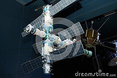 MUNICH, GERMANY, JAN.15, 2013: View on mock up of Russian space station SOUZ and MIR with open solar panels. Museum section of spa Editorial Stock Photo