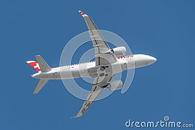 Swiss Bombardier CSeries CS100 with the aircraft registration number HB-JBF during take off on the southern runway 08R of the Editorial Stock Photo