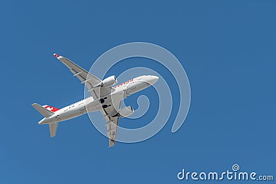 Swiss Bombardier CSeries CS100 with the aircraft registration number HB-JBF during take off on the southern runway 08R of the Editorial Stock Photo