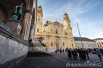 Odeonplatz with Theatine Church Theatinerkirche and Feldherrnhalle - Munich, Bavaria, Germany Editorial Stock Photo