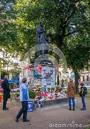 Munich, Germany - October 16, 2011: Makeshift Memorial People Michael Jackson turned on the monument to Orlando di Lasso Editorial Stock Photo