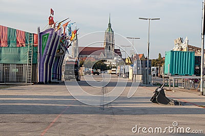 Munich, Germany - 2018 September 06: setup of the fairground rides and beertents at the biggest folk festival in the world - the Editorial Stock Photo