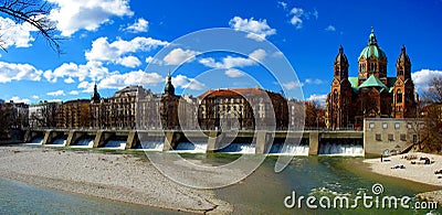 Munich - Isar river and St. Lukas Church Stock Photo