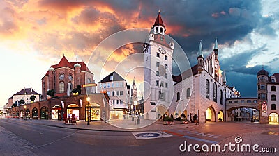 Munich - Marienplatz at dramatic sunset, Germany Stock Photo