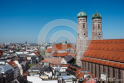 Munich, MÃƒÂ¼nchen, Scenic View from the Top of Munich City Center with Frauenkirche Towers and copy space Editorial Stock Photo