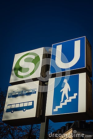 Munich Public Transport Signs at a Tram, Bus and Underground Station Editorial Stock Photo