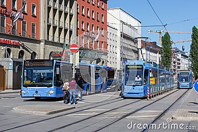 Munich Tram and bus light rail public transport at main station in Germany Editorial Stock Photo