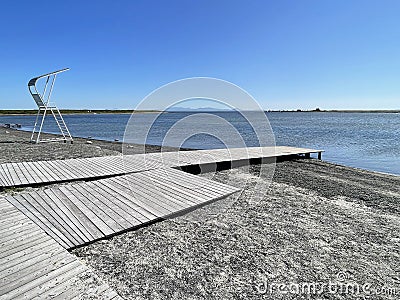 Municipal beach in Akhlestyshev Bay on Russian Island in Vladivostok in autumn Stock Photo