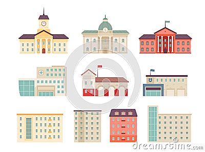 Municipal buildings. Government houses city library hospital bank supermarket campus urban buildings nowaday vector flat Vector Illustration