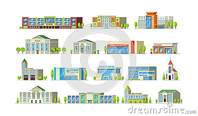 Municipal buildings set. Buildings police station, hospital, school, supermarket, kindergarten, university Stock Photo