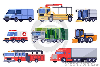 Municipal city road transport and machinery equipment set. Vector flat vehicle illustration. Vector Illustration