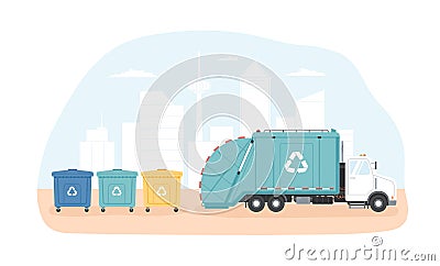 Municipal dumpsters and waste collection vehicle or garbage truck collecting trash against modern cityscape in Vector Illustration