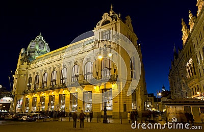 Municipal House facade at night, Prague, Czech Republic. Editorial Stock Photo