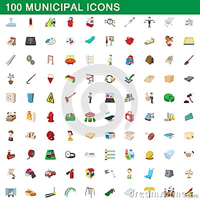 100 municipal icons set, cartoon style Vector Illustration