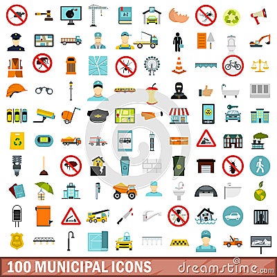 100 municipal icons set, flat style Vector Illustration