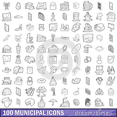 100 municipal icons set, outline style Vector Illustration