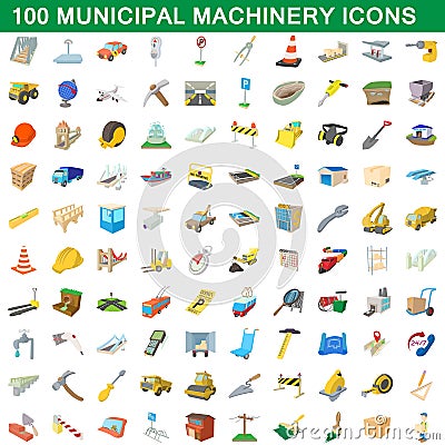 100 municipal machinery icons set, cartoon style Vector Illustration