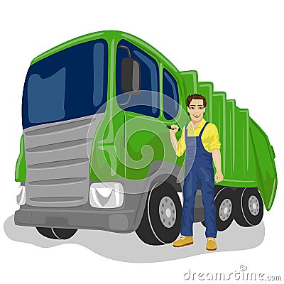 Municipal worker next to recycling garbage collector truck loading waste and trash bin Vector Illustration