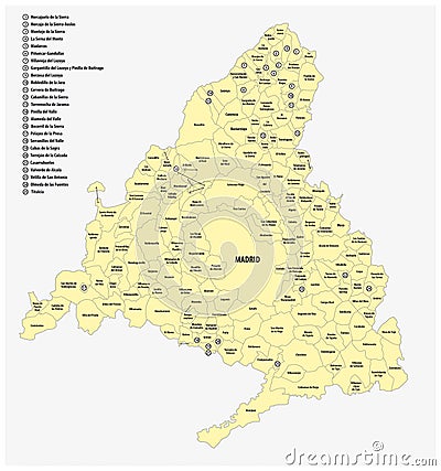 Municipalities of Madrid administrative and political vector map Stock Photo