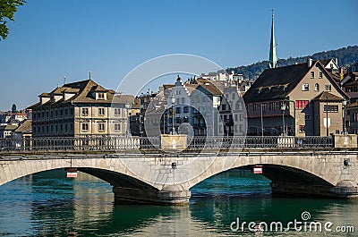 Munsterbrucke Bridge over Limmat river, Zurich, Switzerland Stock Photo