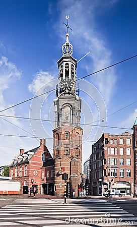 The Munt Tower with zebra path in front, Amsterdam, Netherlands Editorial Stock Photo