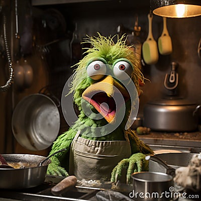 Muppet metaphorical green color chicken, making something in kitchen Stock Photo