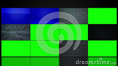 Mur visuel de TV avec l'écran de douze télévisions montrant le bruit et changeant en le compagnon vert d'écran banque de vidéos Mur visuel de TV avec l'écran de douze télévisions montrant le bruit et changeant en le compagnon vert d'écran banque de vidéos