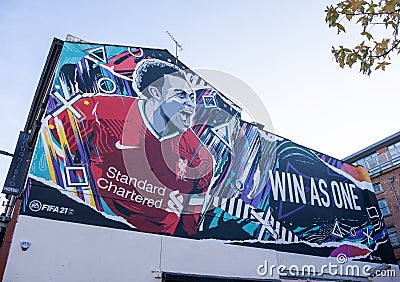 Mural advertising EA Sports Fifa 21 with football player Liverpool Merseyside December 2020 Editorial Stock Photo