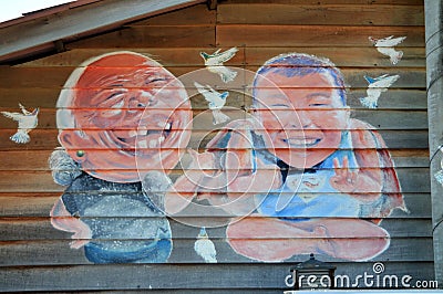 Mural of Ah Kong & Ah Mah Grandmother & Grandson` painted by Simon Tan Editorial Stock Photo