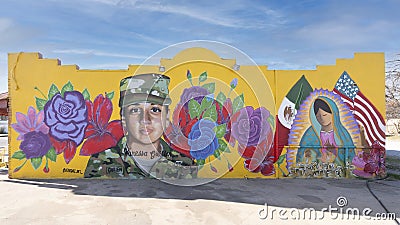 A mural by artist Juan Velazquez featuring Vanessa Guillen in Army fatigues on a business in Fort Worth, Texas. Editorial Stock Photo