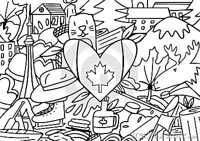 Mural of Canada flag in heart shape decorated with the country famous element and icons Vector Illustration