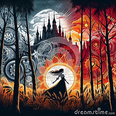 Mural design fusing a fantastical scene,silhouette a lady in magical forest, with a castle, againts dramatic sunset, triadic color Stock Photo