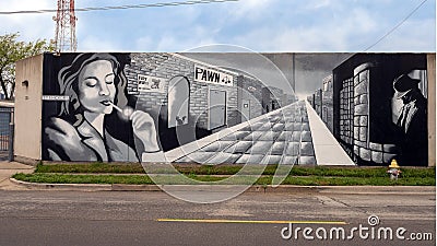 Mural by famous Deep Ellum artist Frank Campagna at the entrance to Deep Ellum self storage. Editorial Stock Photo