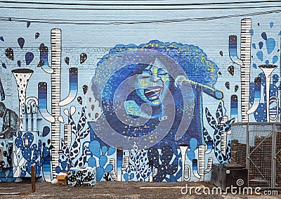 Mural featuring Ella Fitzgerald, `Queen of Jazz`, by Will Heron in Deep Ellum, Texas. Editorial Stock Photo