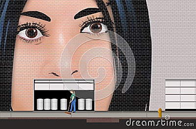 A mural of a female face painted on a building has a garage door where her mouth should be and the door and barrels look like teet Cartoon Illustration