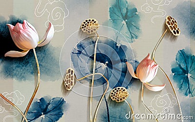 mural Illustration of beautiful White flower decorative on gray wall background 3D wallpaper. Graphical modern art with golden flo Stock Photo