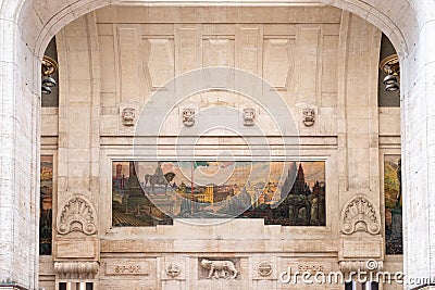 Mural Mosaic and Romulus & Remus Relief at Milano Centrale, Milan, Italy Stock Photo