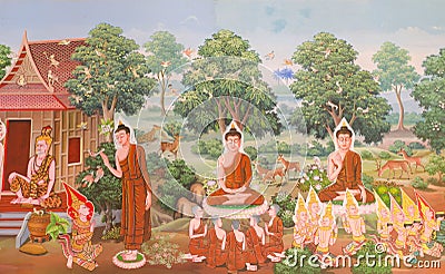 Mural mythology buddhist religion on wall in Wat Neram Stock Photo