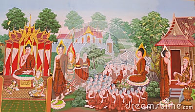 Mural mythology buddhist religion on wall in Wat Neram Stock Photo