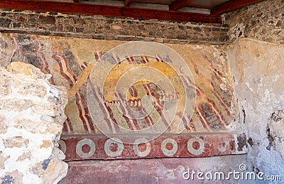 Mural painting of the Cougar Mural del Puma in Teotihuacan. Photo of ancient aztec painting. Stock Photo