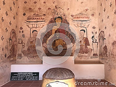 Mural painting and four Buddha footprints stacked together in the sanctuary of Buppharam temple Wat Buppharam or Wat Plai Khlong Editorial Stock Photo